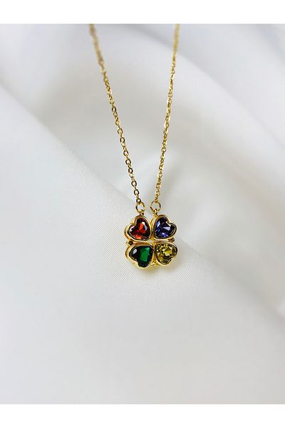 Voiste Magnetic Transforming Clover Heart Necklace |   Colorful Heart Stone, Gold Stainless Steel