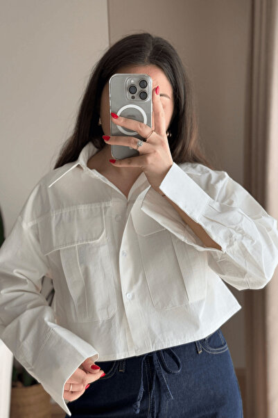 SEHOCO BUTİK %100 Pamuk Ekru İki Cepli Crop Gömlek