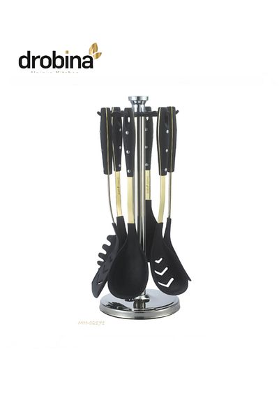 drobina Dropina 7-Piece Silicone Spoon Set, Black and Gold