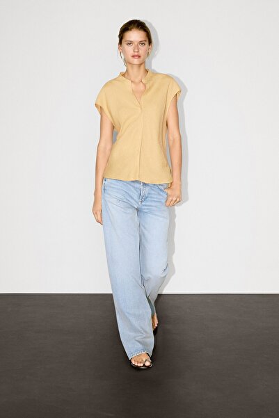 Massimo Dutti Açık yaka %100 keten dökümlü bluz
