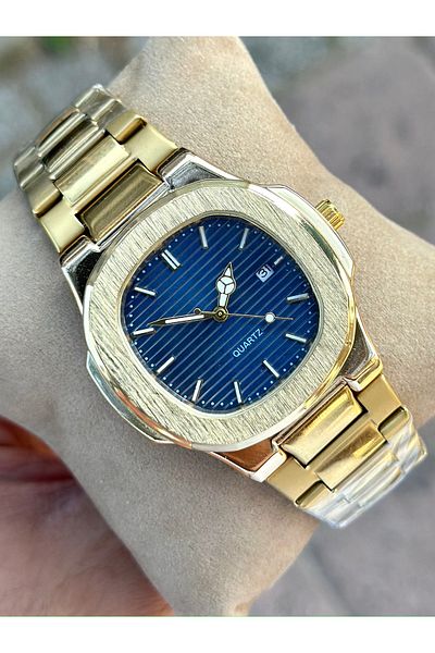 pierrose Gold Steel Cord Navy Blue Dial Men's Wrist Watch with Calendar