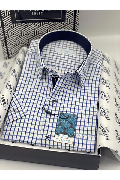 Fitmens Classic Short Sleeve Checkered Gift Boxed Men's Shirt Fs-004156 - White Saks Blue