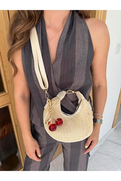 Tina İstanbul Geantă Oval Cut Straw Cherry Cream