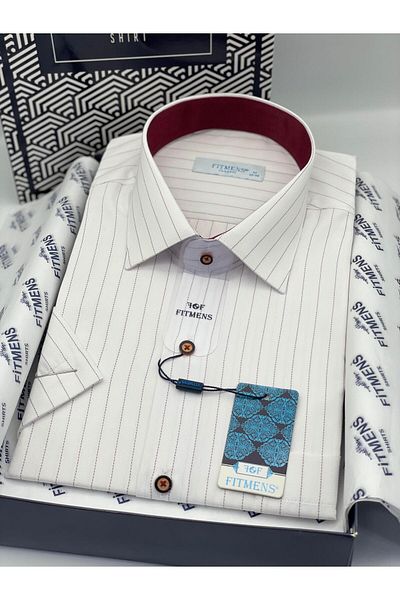 Fitmens Classic Short Sleeve Striped Gift Boxed Men's Shirt Fs-004162 - White Burgundy