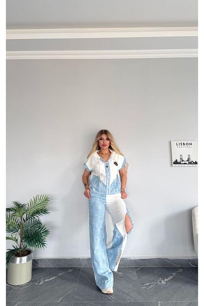 Bella Belluci New Season Denim Detailed 2 Thread Compact Fabric Bottom Top Set
