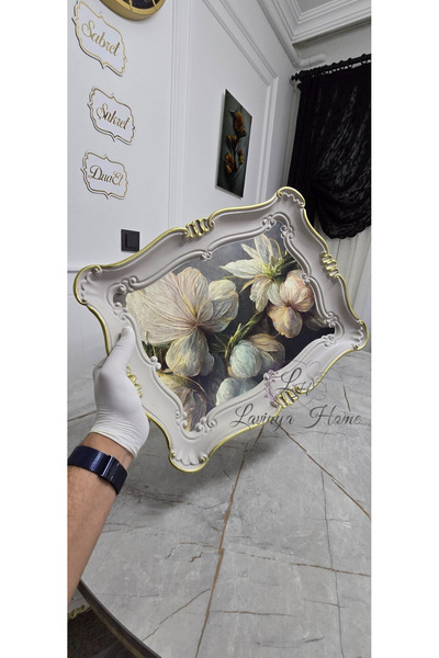 TEPSİCİM Sultan Tepsi Bej Gold Çizgili Çiçek Desenli Dekoratif Sert Plastik 4...