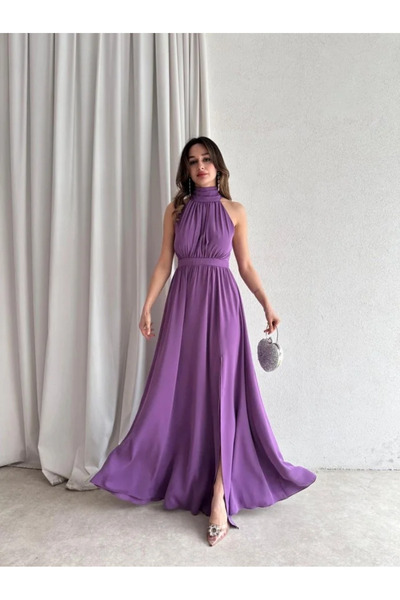 KOSHKA MODA Lila Halter Yaka Yırtmaçlı Uzun Ipek Saten Elbise