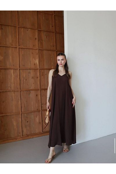 Gameyal Rochie maxi casual de in pentru femei, cu bretele reglabile, cu decolteu in