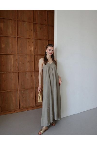 Gameyal Women's Casual Linen Adjustable Strap V Neck Maxi Dress