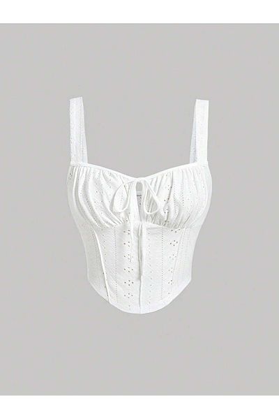 MEREN LİKE YOUR SYLE White Embroidery Patterned Chest Low-Cut Wide Strap Top Crop