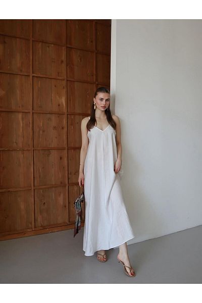 Gameyal Women's Casual Linen Adjustable Strap V Neck Maxi Dress
