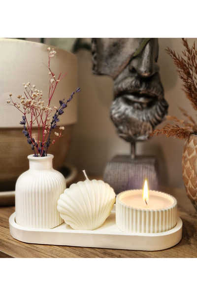 DİLAHOME Midye Figürlü Palo Santo Kokulu Dekoratif Mum Seti – Taş Tozu Tepsil...