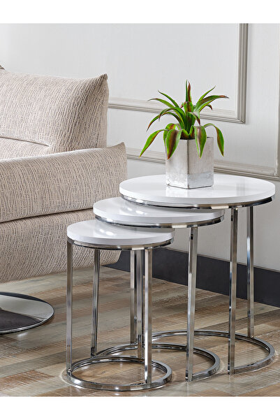 SEDAŞ LIVING UNITS 3 ADET Tam Beyaz Ahşap (SUNTALAM) Gümüş Metal C Ayak Zigon Sehpa Sedaş-zigon-sehpa