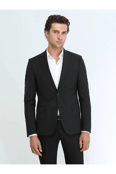 Kip Black Plain Modern Fit Wool Blend Suit