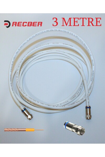 REÇBER 3 METRE BAKIR RG 6U/6 HAZIR UYDU KABLOSU BANDSIZ KONVETTÖRLÜ ÇIKMAZ ŞA...