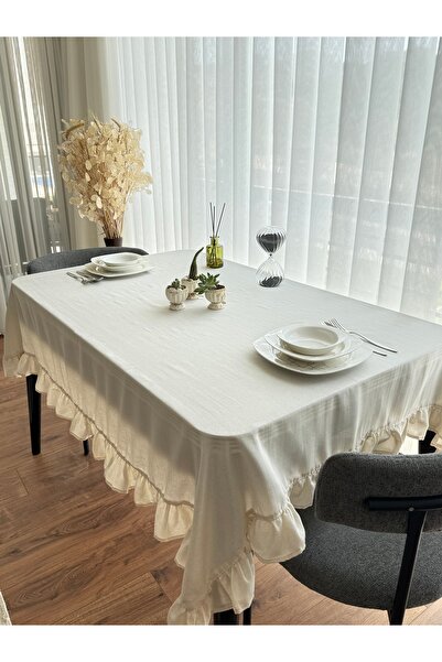 ARS DT Fırfırlı Keten Kumaş Vintage Görünümlü Şık Masa Örtüsü