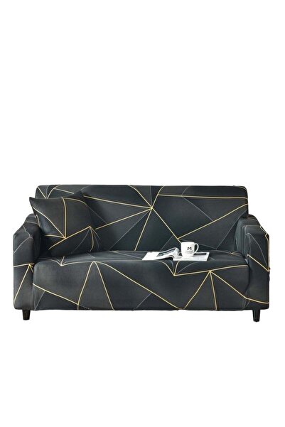 huitich غطاء أريكة مرن مطبوع بمقعدين أسود/ذهبي