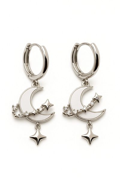 MakeWell Zircon Stone Steel Stainless Earrings with Blackened Crescent Design