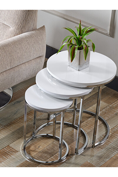 SEDAŞ LIVING UNITS 3 ADET Tam Beyaz Ahşap (SUNTALAM) Gümüş Metal C Ayak Zigon Sehpa Sedaş-zigon-sehpa