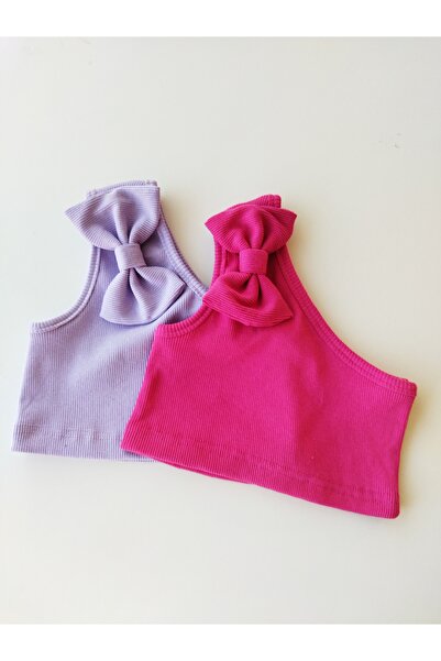 HEREN BUTİK Kız Çocuk İkili Pembe Lila Fiyonklu Tek Omuz Crop Bluz %100 Pamuklu Fitilli Esnek Kumaş