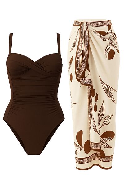 CUPSEA French Inspired Gathering Draped Swimsuit Pareo Set of 2 with Adjustable Straps, Stylish and Slimming Effect