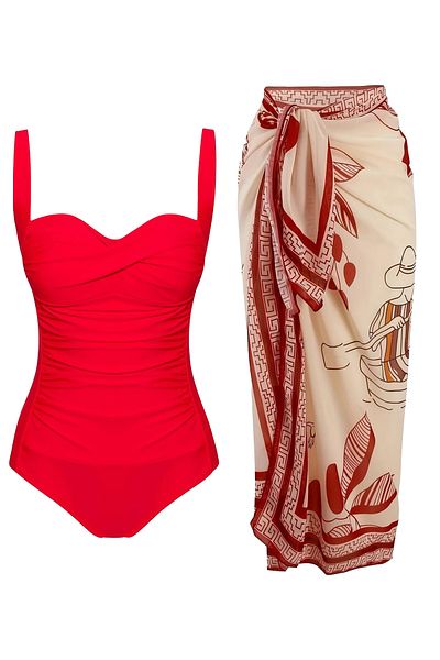CUPSEA French Inspired Gathering Draped Swimsuit Pareo Set of 2 with Adjustable Straps, Stylish and Slimming Effect