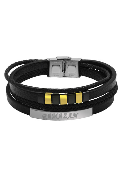 Tesbihane Üç Katmanlı Siyah Deri Gümüş Renk Çelik Plakalı Kişiye Özel İsim veya Harf Yazılı Erkek Bileklik