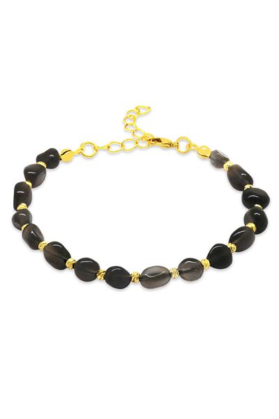 Tesbihane Gold Color Metal Chain Dorika Ball Decorated Amorphous Smoky Quartz Natural Stone Women's Bracelet