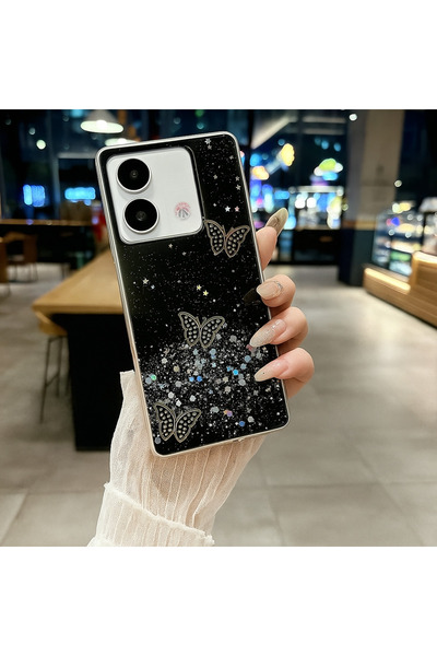 Rivor Xiaomi Redmi Note 13 Pro 4G Kılıf Kamera Çıkıntılı Simli Kelebek Kabart...