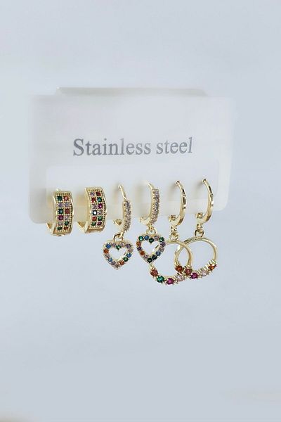 By Zeyna Aksesuar Women's Vip Series Antiallergic Zircon Stone 6-Piece Earrings