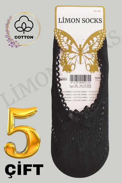 Limon Socks Women's Bow Ballerina Socks (5 Pairs) Lace Model Short Socks Set