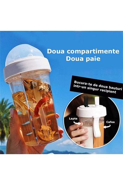 SIKS ® Cană dublă portabilă, transparentă, 2 paie, reutilizabilă, plastic, pentru ceai cu bule, 420 ml, albă