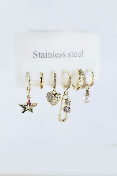 By Zeyna Aksesuar Women's Vip Series Antiallergic Zircon Stone 6-Piece Earrings
