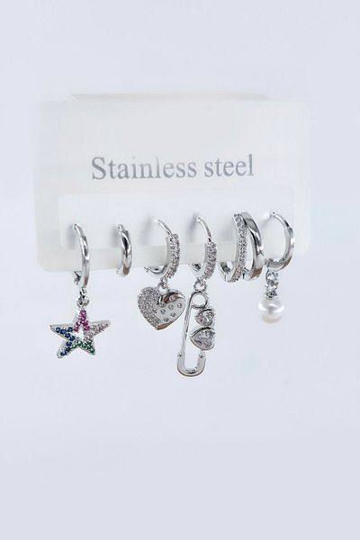 By Zeyna Aksesuar Women's Vip Series Antiallergic Zircon Stone 6-Piece Earrings