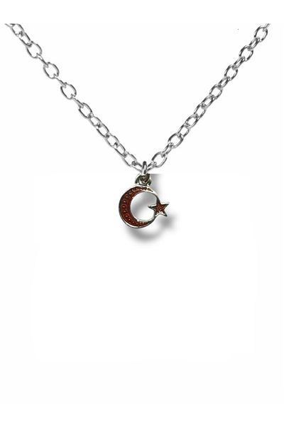 Herşey Nota Unisex Necklace with Embroidered Red Moon and Star Figure – Meaningful Design with Silver Color Detail
