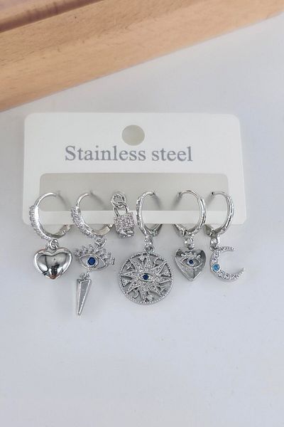 By Zeyna Aksesuar Women's Vip Series Antiallergic Zircon Stone 6-Piece Earrings