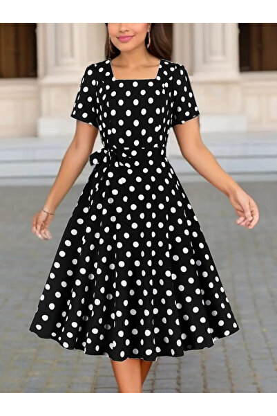 ALPACO Rochie de damă cu mânecă scurtă, cu guler geometric, cu buline, cu mânecă lungă, cu un singur strat -COLECȚIE