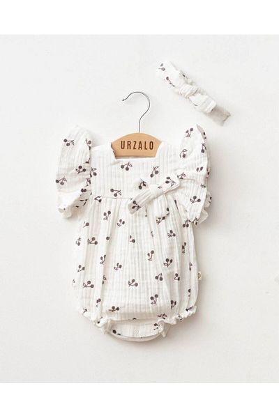 FLOWER BABY Cherry Pattern 100% Cotton Muslin Baby Romber Buckle Jumpsuit