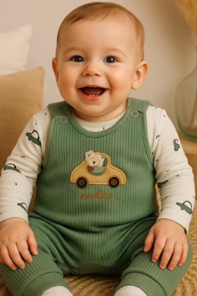 NAFİTTO Araba Nakışlı Erkek Bebek Tulum 3’lü Tulum Seti – Zıbın, Tulum ve Çor...