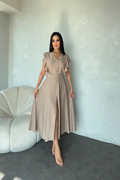 LİLA İSTANBUL Καλοκαιρινό λινό φόρεμα με λαιμόκοψη με κουμπιά μανίκι με λεπτομέρεια ζώνη