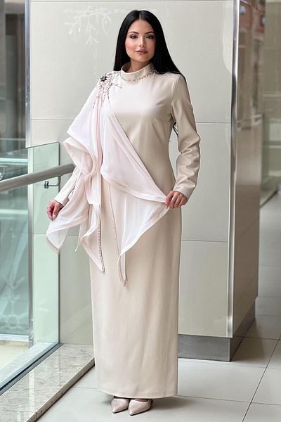 White Corner Evening Dress with Stone Shoulder and Cape Detail