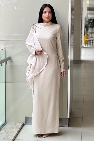 White Corner Evening Dress with Stone Shoulder and Cape Detail