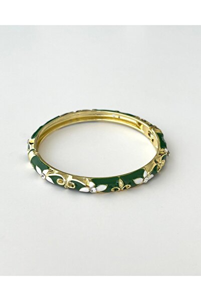 eyla collection Zarif Çiçek Desenli Yeşil Mineli Kelepçe Bileklik