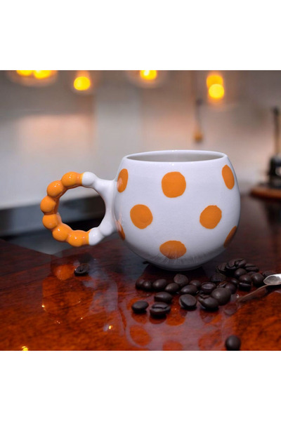 SırART Pearl Handle Orange Dot Pattern Hand Embroidered Ceramic Mug