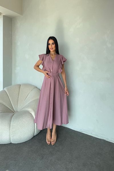LİLA İSTANBUL Rochie de vară din in, cu decolteu în V, cu mâneci cu nasturi