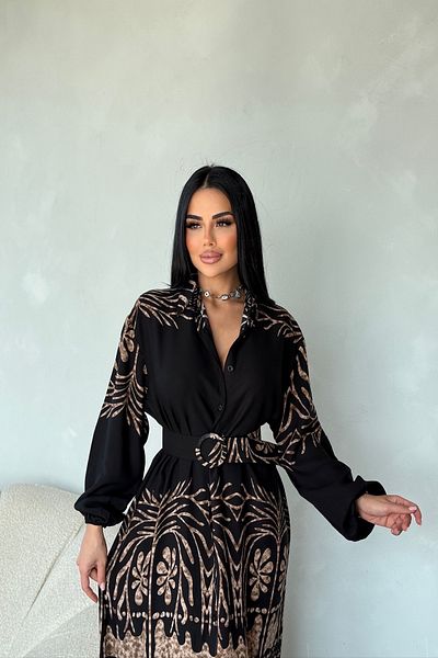 LİLA İSTANBUL Shirt Collar Ethnic Pattern Belted Summer Dress