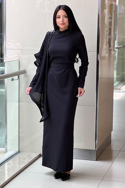 White Corner Evening Dress with Stone Shoulder and Cape Detail