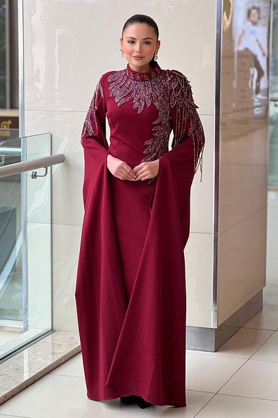 White Corner Handcrafted Stone Design Evening Dress