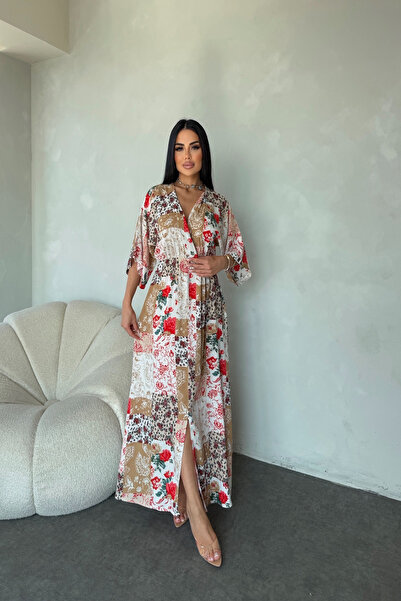 LİLA İSTANBUL Καλοκαιρινό φόρεμα με φλοράλ στάμπα από ύφασμα βισκόζης με διπλό στήθος