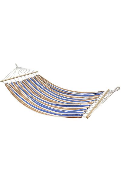 SERSIMO Double hammock with wooden bars, for 2 people, cotton, 150kg, 200x150 cm, blue and brown